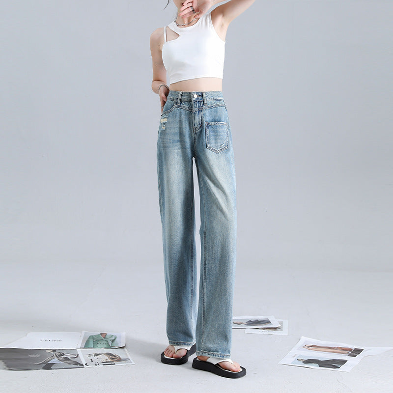 Women’s Irregular Straight Jeans Trendy Fashion Denim