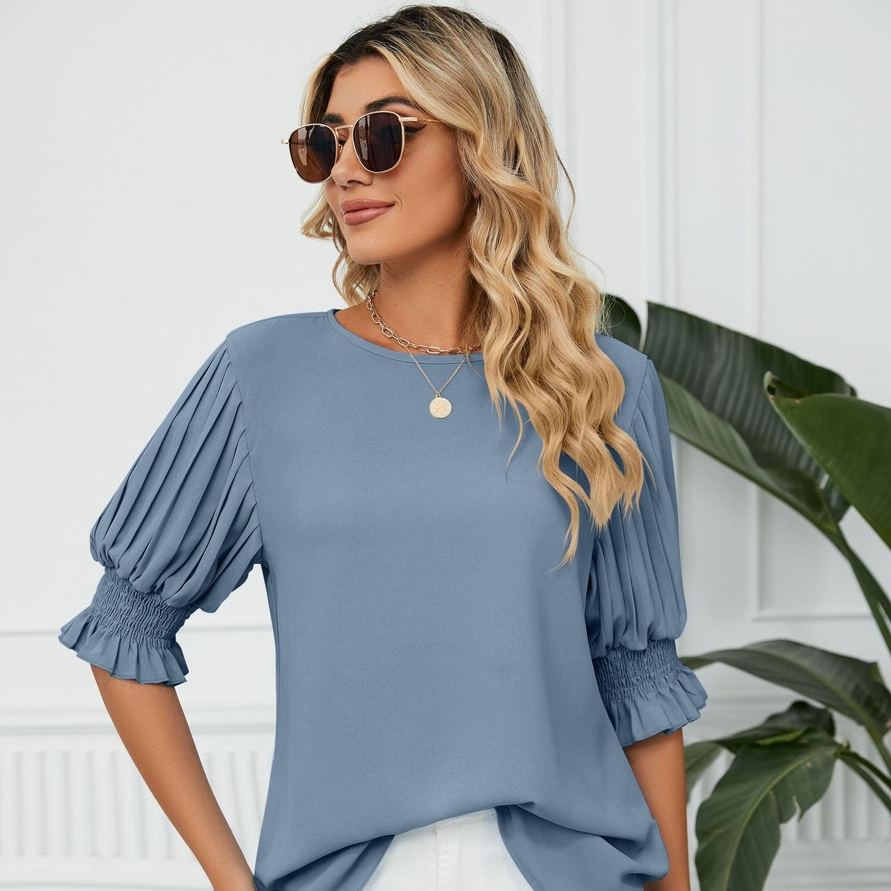 Women’s Chiffon Blouse  Solid Color with Ruffles  Princess Sleeves